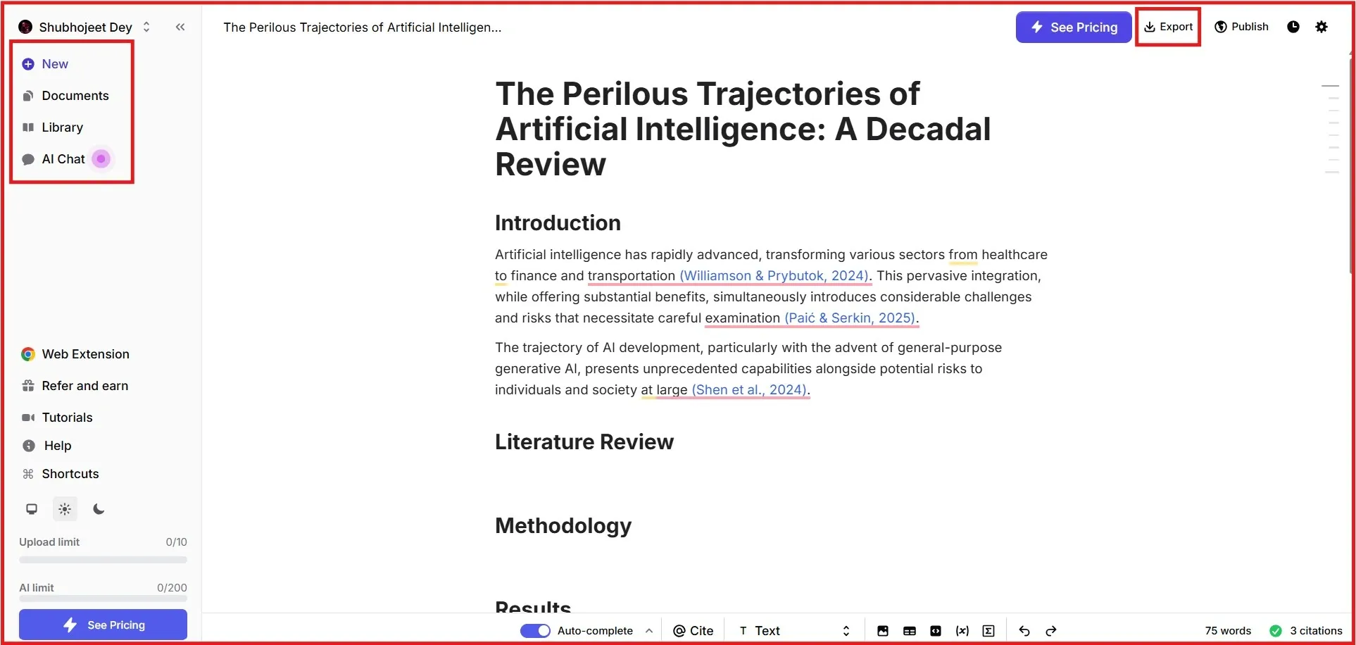 Screenshot of Jenni AI editor showing academic paper draft with sidebar menu highlighted.