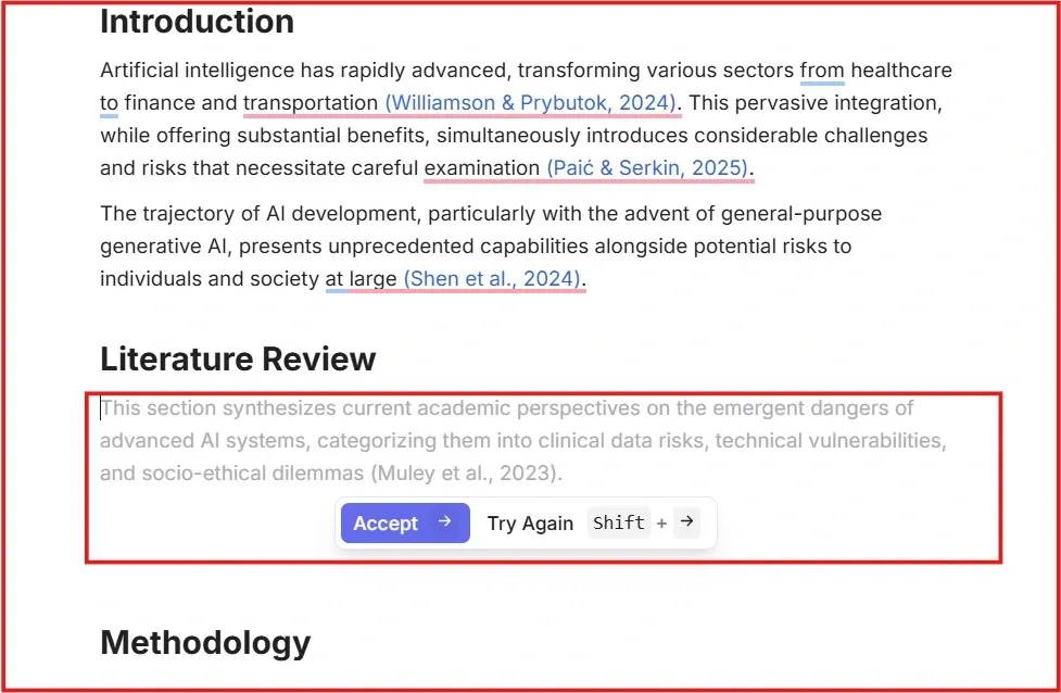 Screenshot of Jenni AI showing AI text suggestion under Literature Review section.