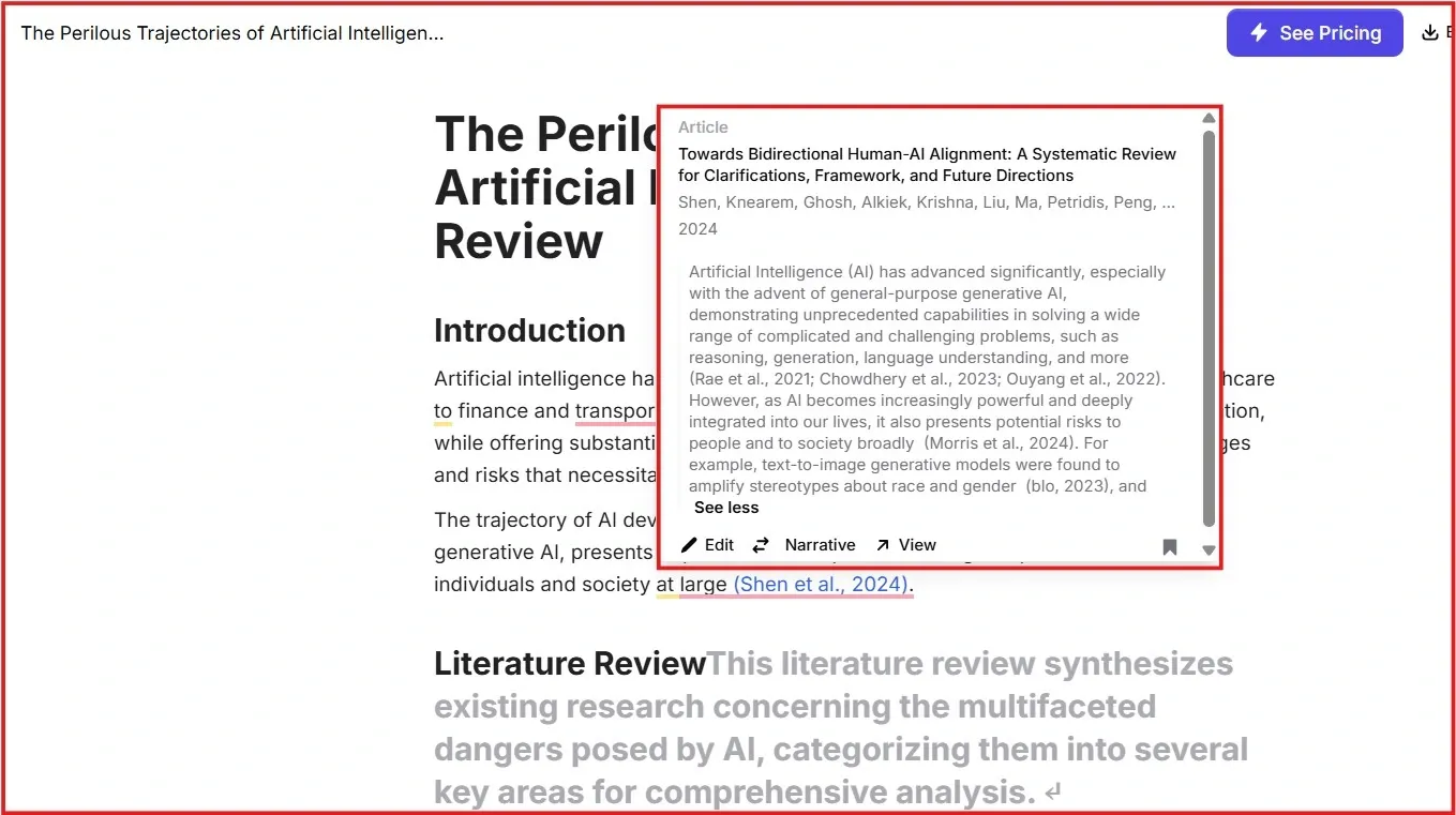 Screenshot showing Jenni AI citation view with article reference details.