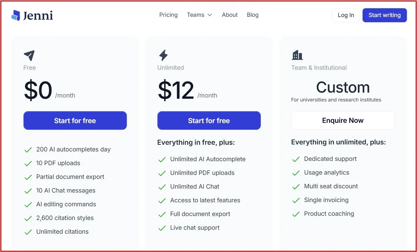 Screenshot of Jenni AI pricing plans for Free, Unlimited, and Team plans.