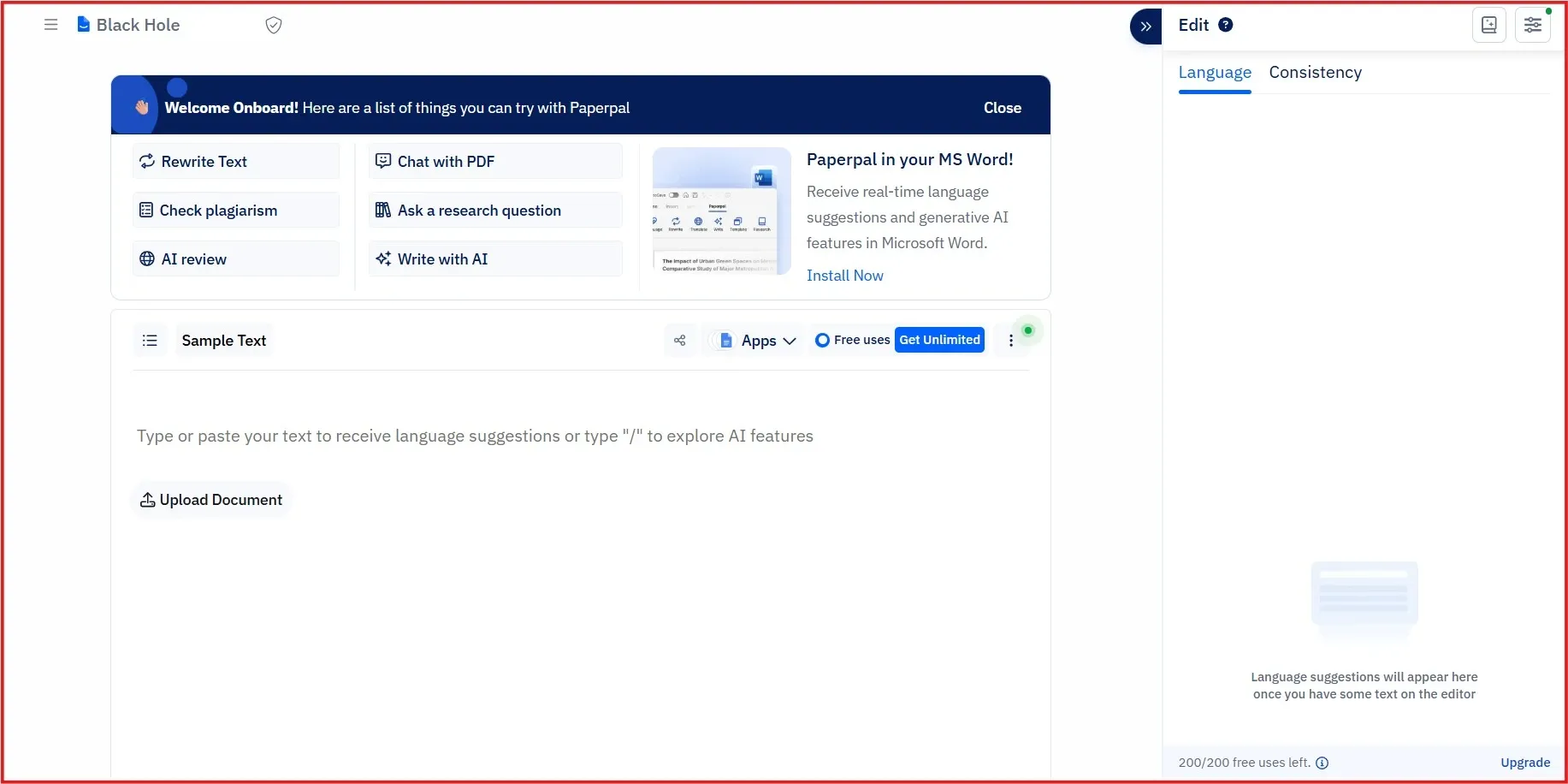 Screenshot of Paperpal dashboard showing editing, rewriting, plagiarism check, and AI features.