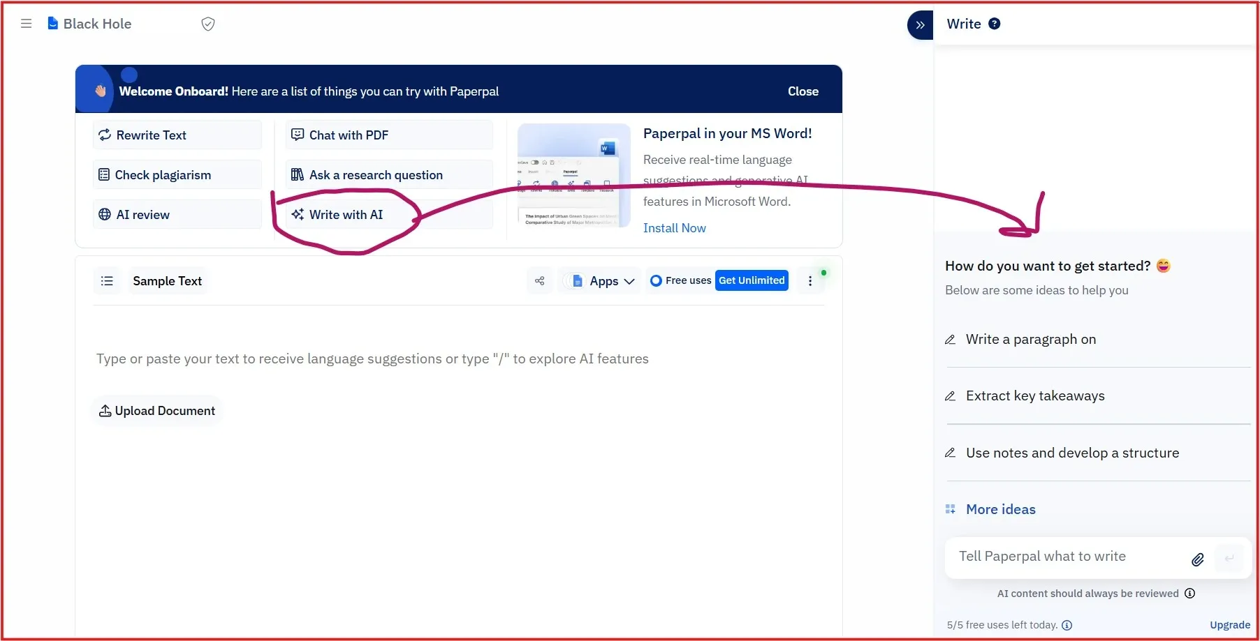 Screenshot showing Paperpal’s “Write with AI” feature highlighted with an arrow.