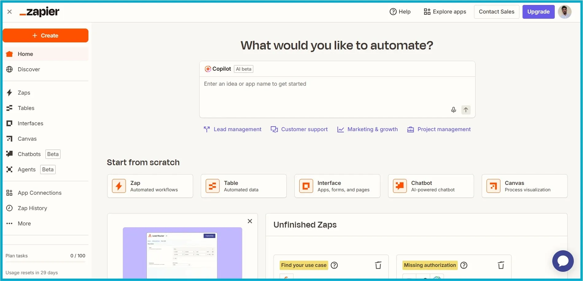 Zapier home dashboard with automation setup options and AI Copilot.