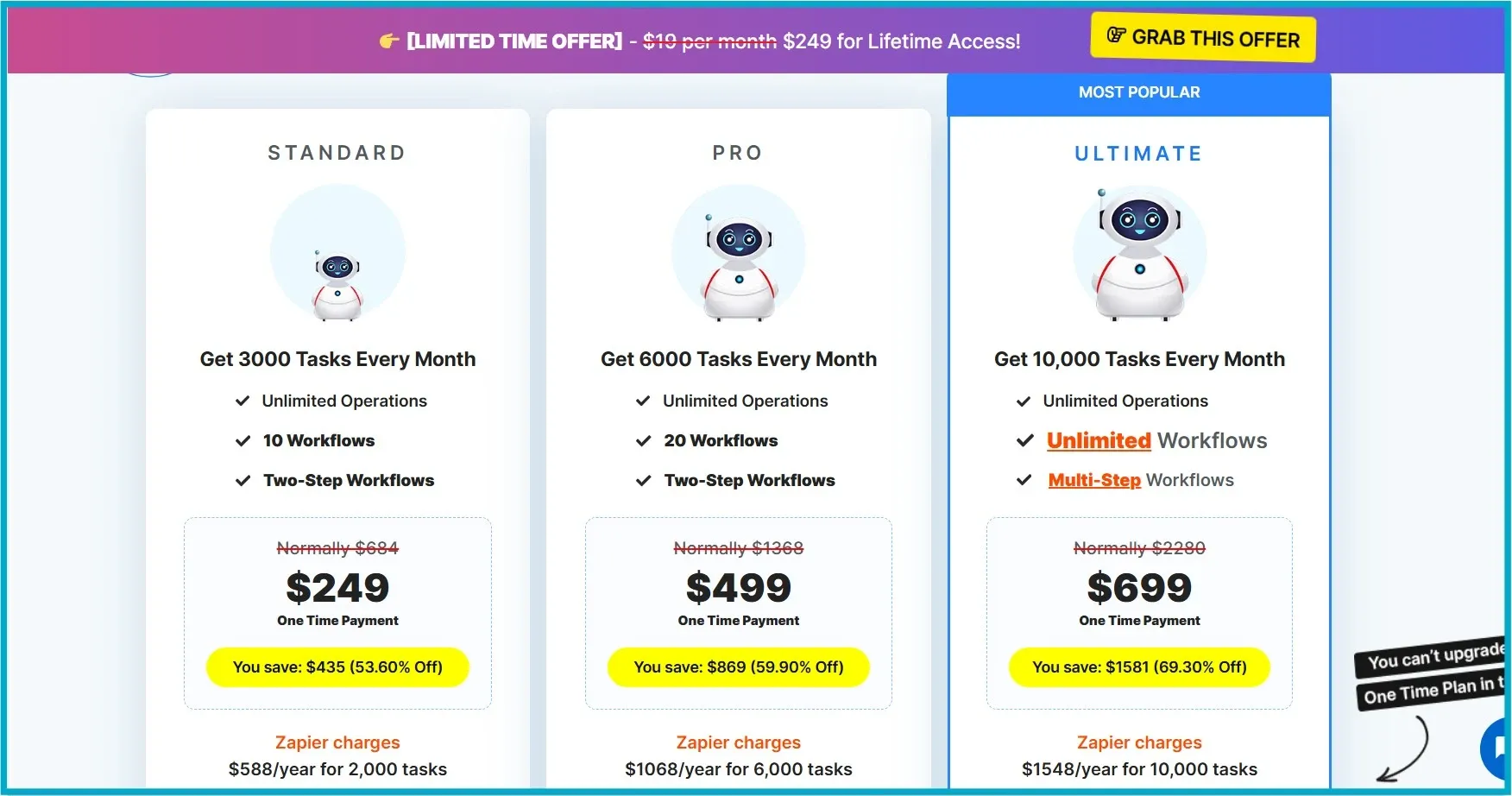 Pabbly Connect lifetime deal pricing comparison with tasks and workflow limits.