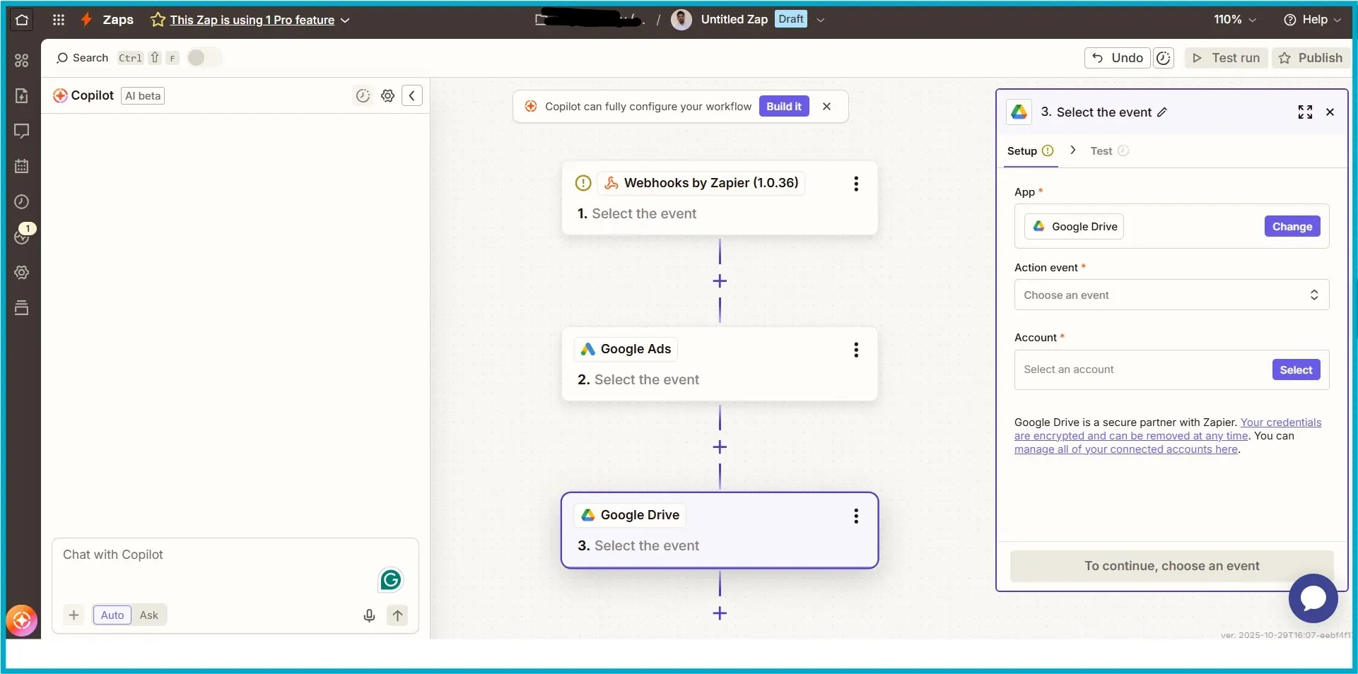 Zapier workflow builder showing Webhooks, Google Ads, and Google Drive steps.