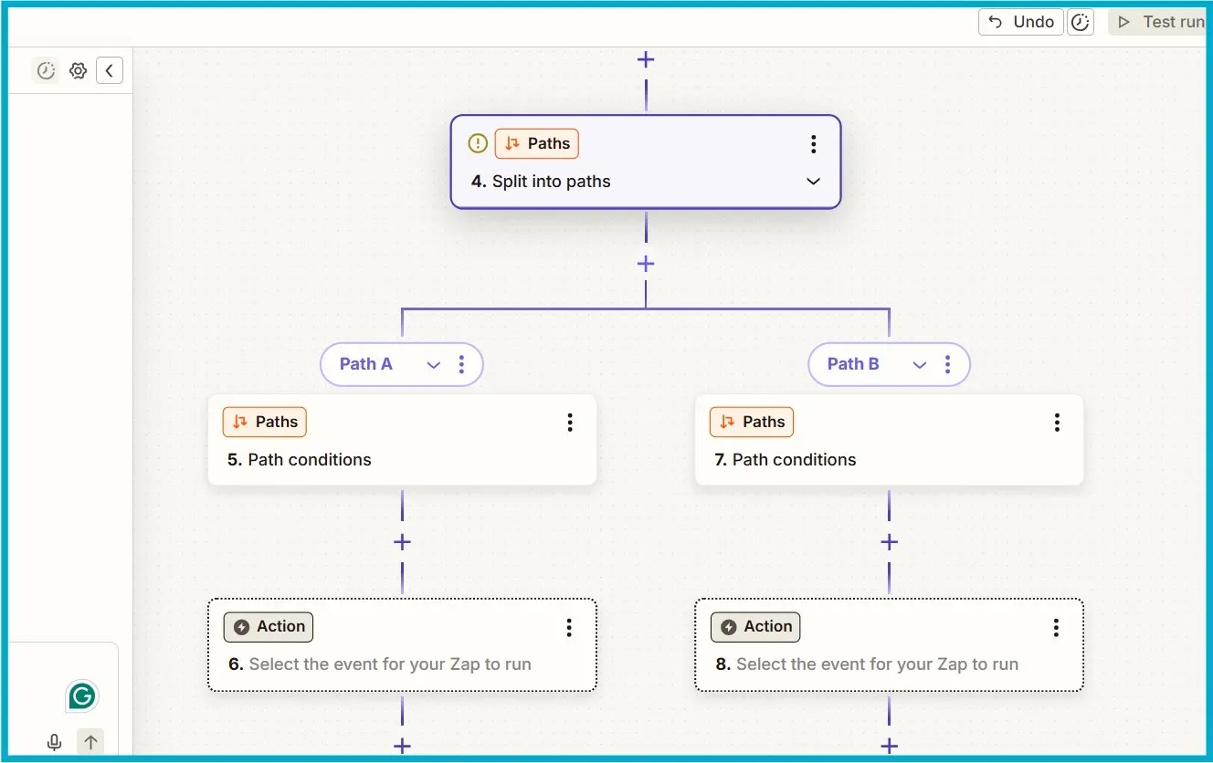 Zapier split path workflow showing conditional logic branches.