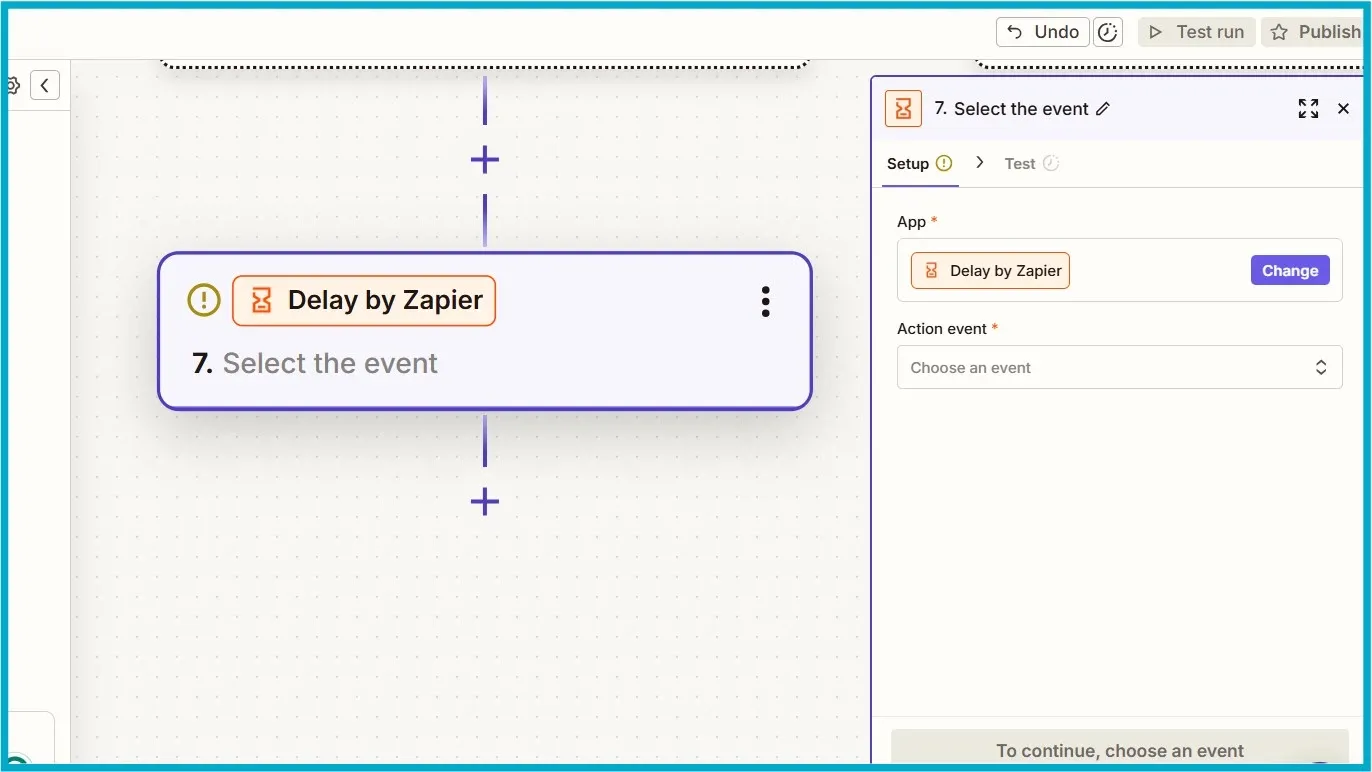 Zapier workflow showing Delay by Zapier action setup panel.