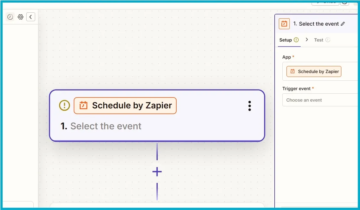 Zapier workflow setup screen showing Schedule by Zapier trigger configuration.