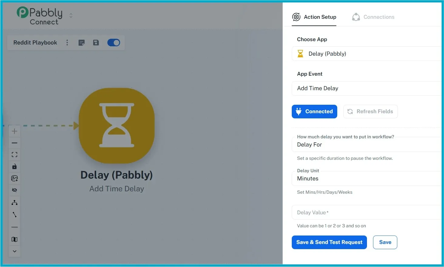 Pabbly Connect Delay action setup screen showing time delay configuration.