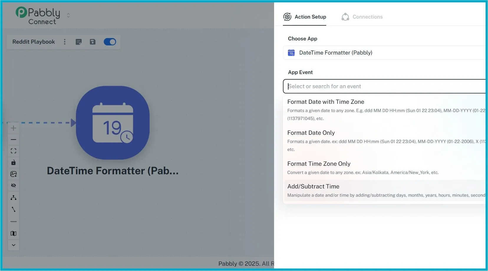 Pabbly Connect DateTime Formatter setup screen showing date and time options.