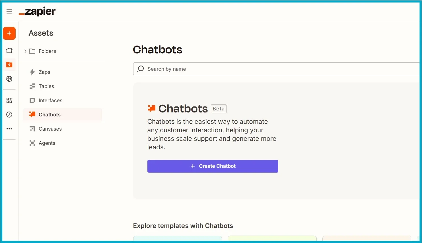 Zapier Chatbots dashboard with option to create a new chatbot.