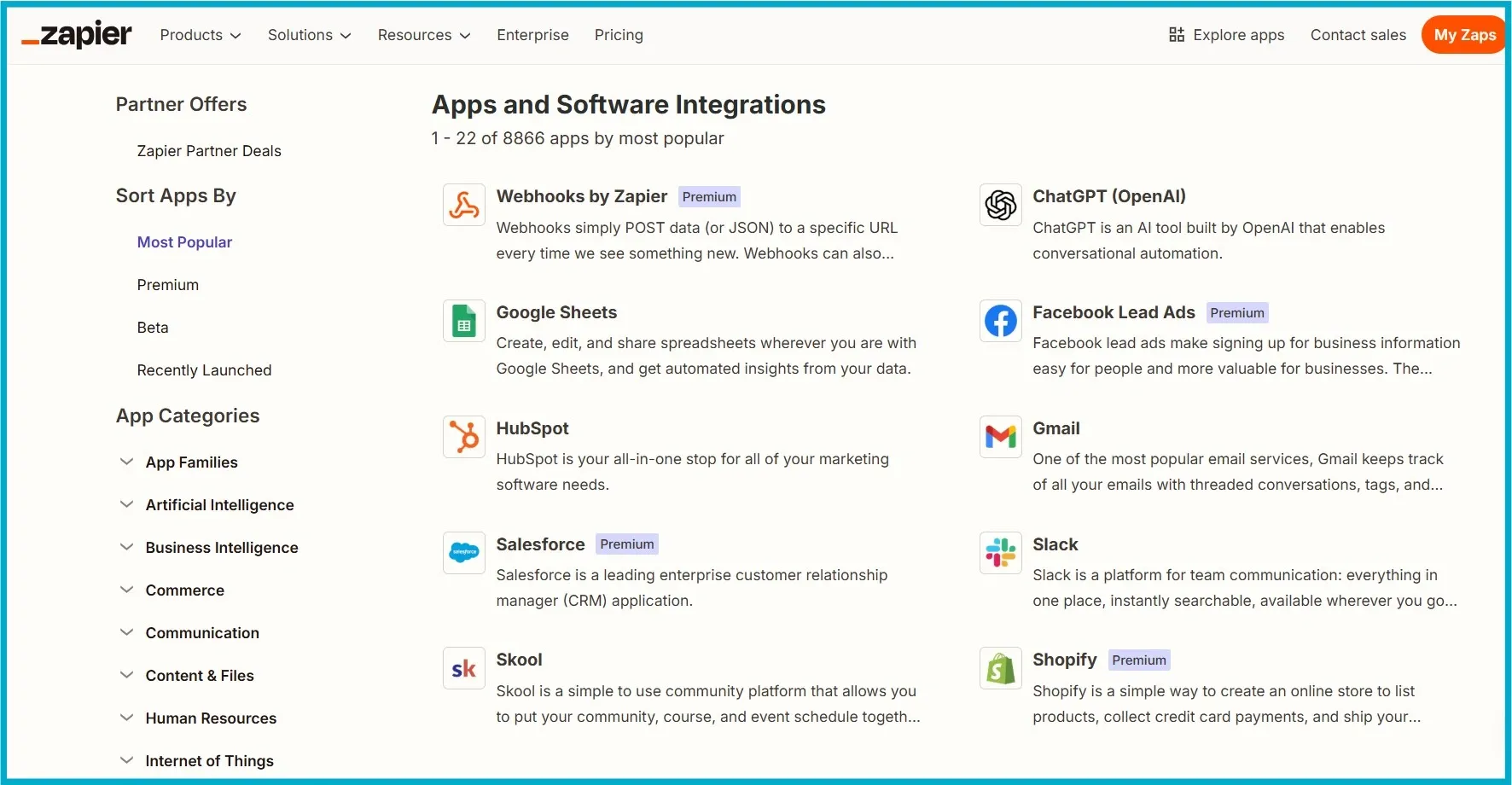 Zapier integrations page showing connected apps like ChatGPT, Google Sheets, and Slack.