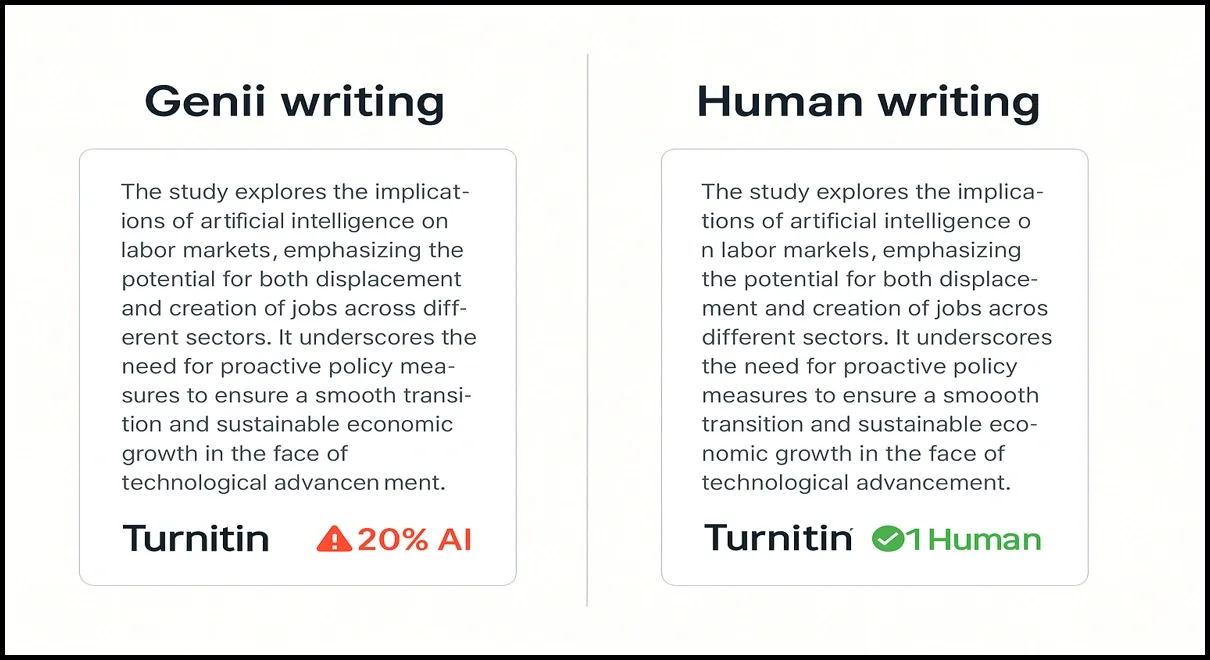 Comparison image showing Jenni AI writing vs Human writing with Turnitin detection results.
