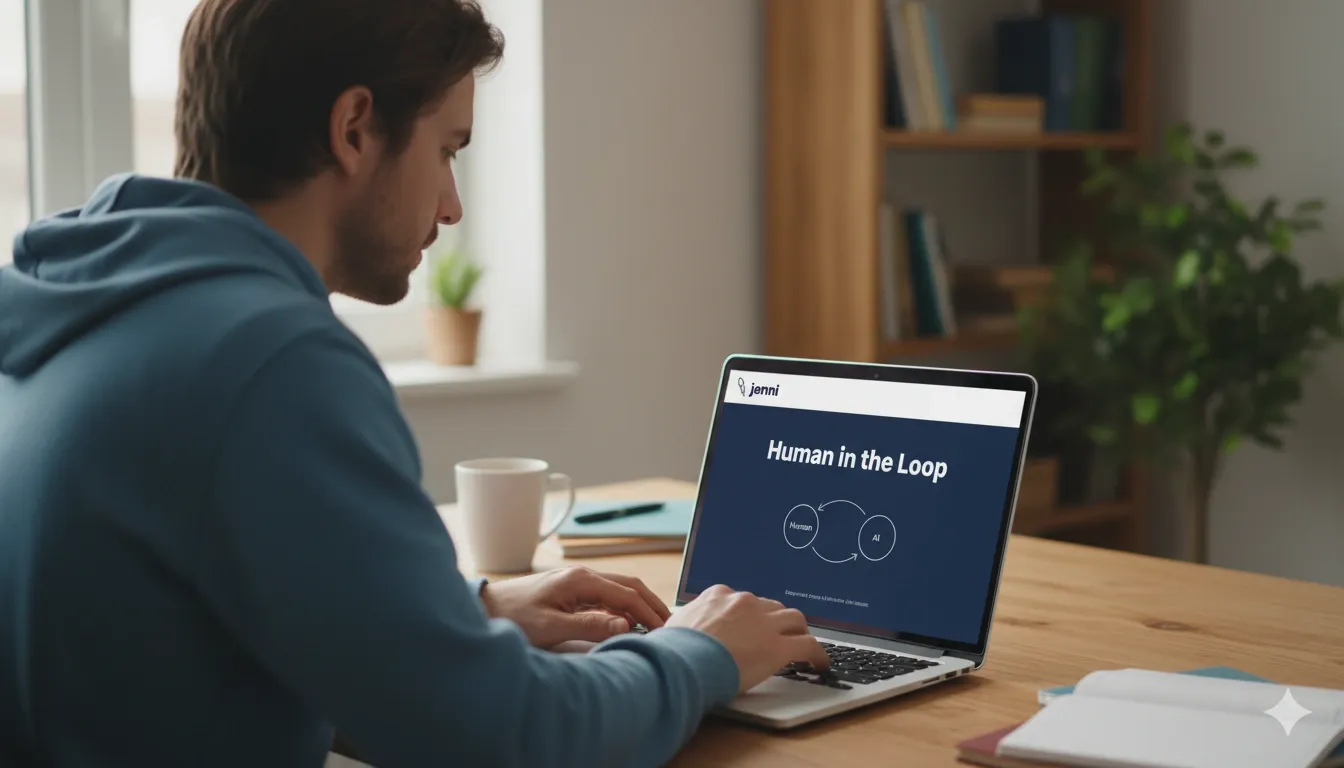 Man working on a laptop with Jenni.ai open on the screen.