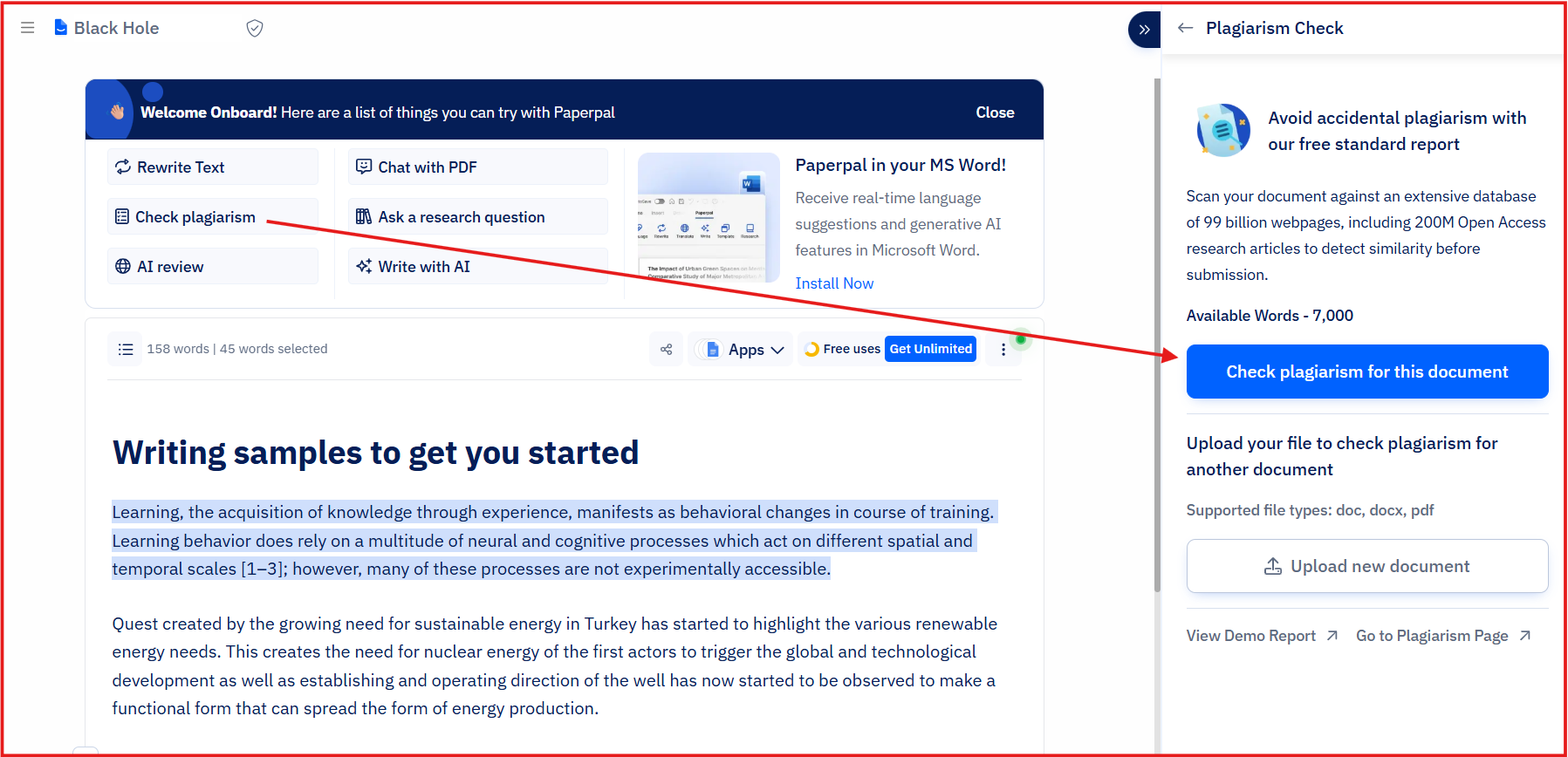 Screenshot of Paperpal’s plagiarism checker interface showing “Check plagiarism for this document” highlighted.