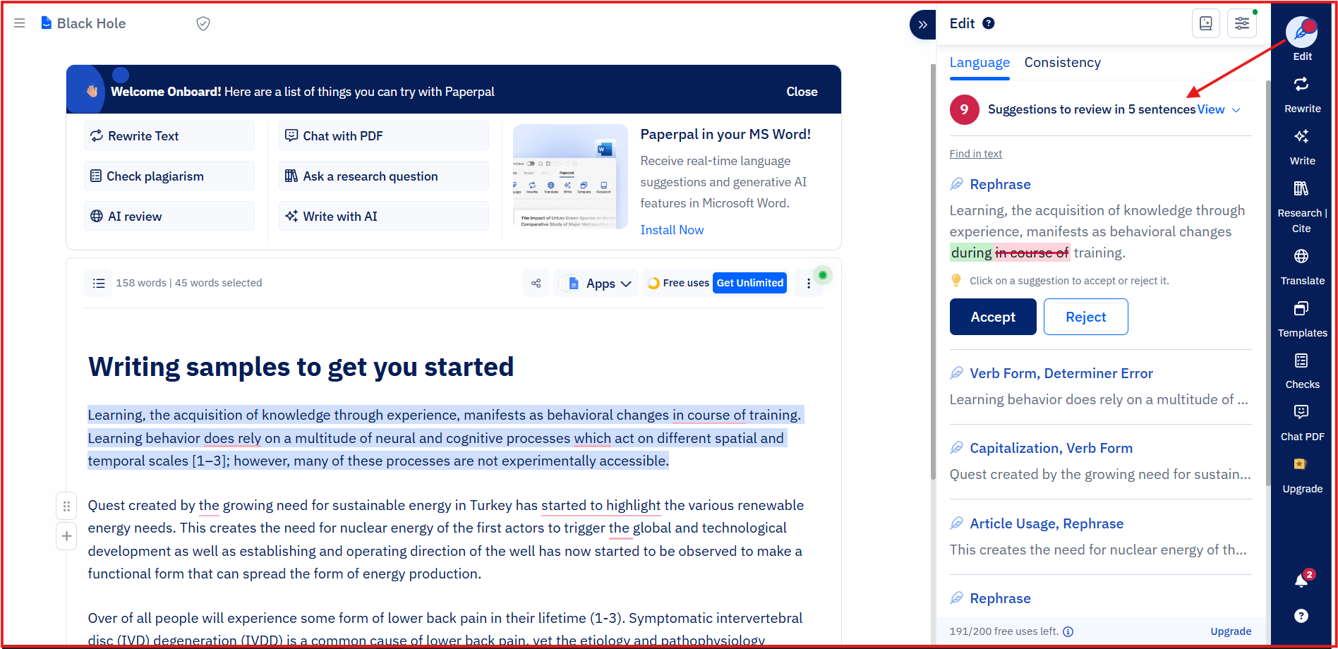 Screenshot showing Paperpal grammar and language suggestions in the editor view.