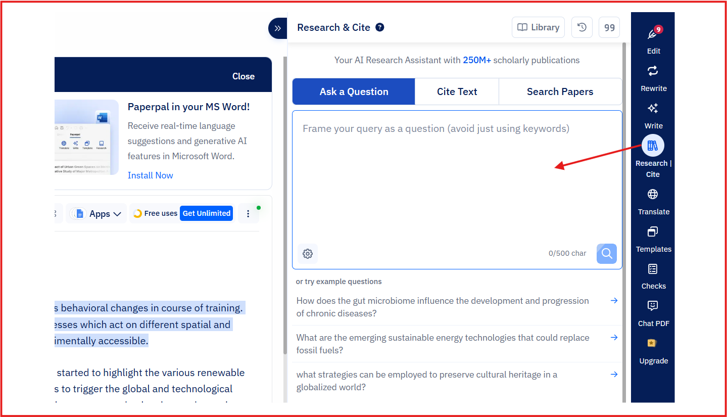 Screenshot of Paperpal’s Research & Cite tool with space to ask academic questions and cite sources.