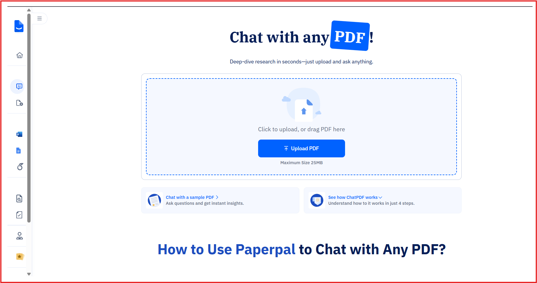 Screenshot of Paperpal’s Chat with PDF feature with upload section and guide.