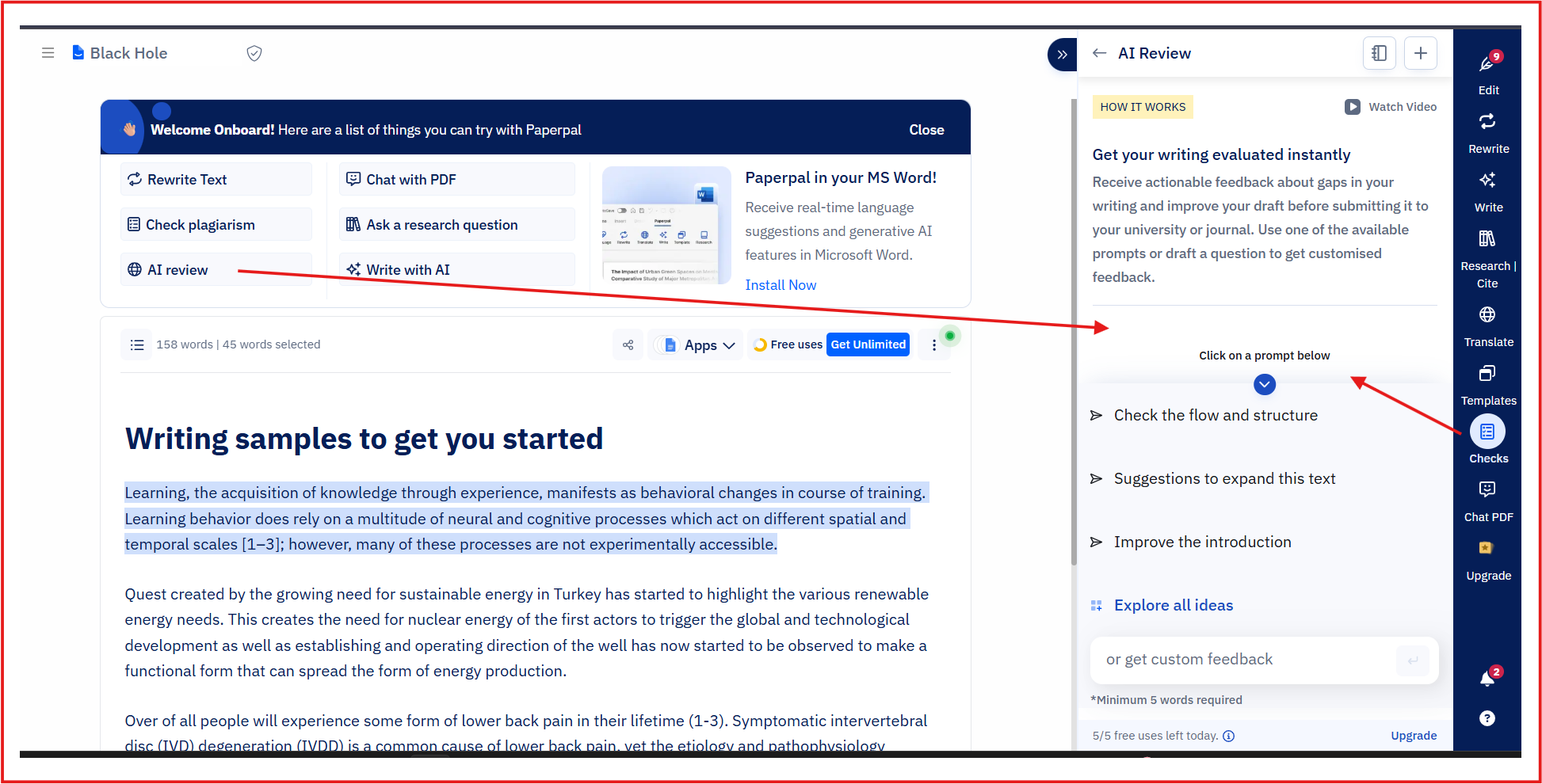 Screenshot of Paperpal AI Review tool showing AI feedback features like structure and clarity improvement.