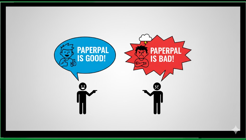 Illustration showing two cartoon figures debating with speech bubbles saying “Paperpal is good!” and “Paperpal is bad!”.