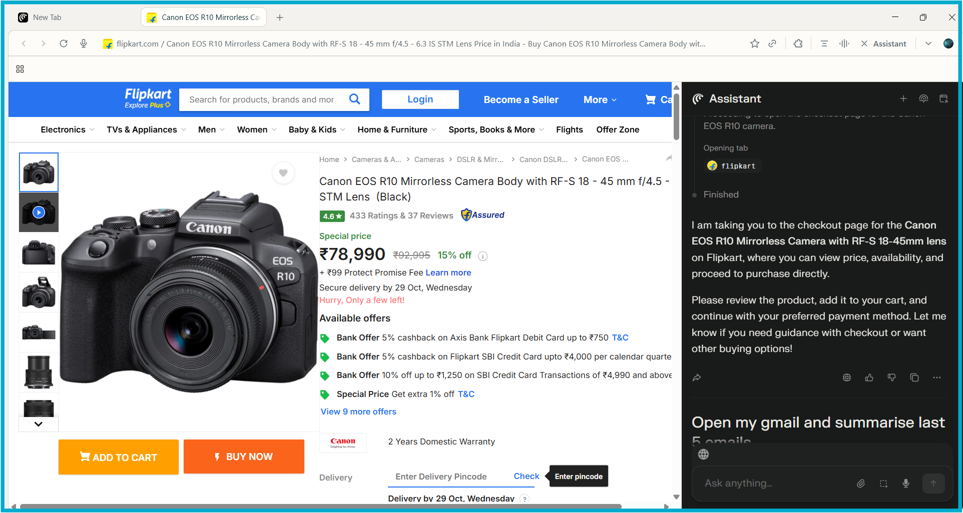 Screenshot of Flipkart product page showing Canon EOS R10 Mirrorless Camera priced at ₹78,990 with available offers, alongside Perplexity AI assistant summarizing the checkout process.