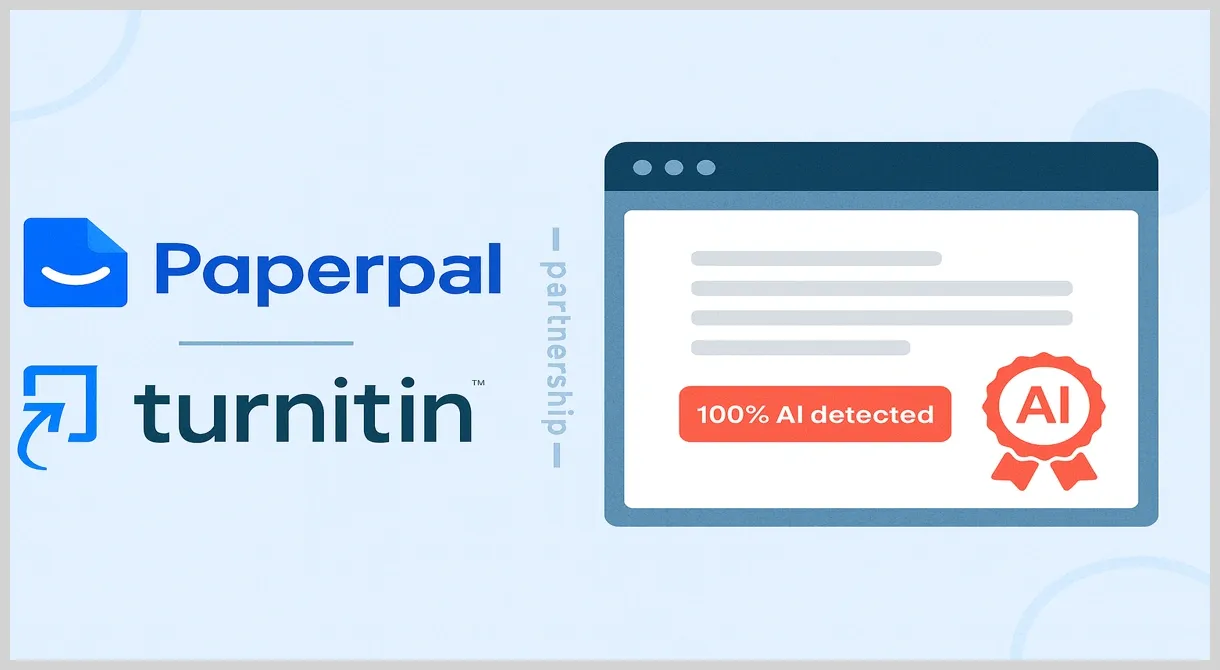Infographic showing Paperpal and Turnitin partnership with a browser window showing “100% AI detected” badge.