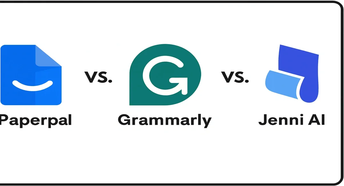 Comparison image showing logos of Paperpal, Grammarly, and Jenni AI with “vs.” between them.