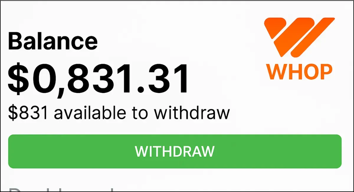 Whop dashboard showing balance and withdraw button.