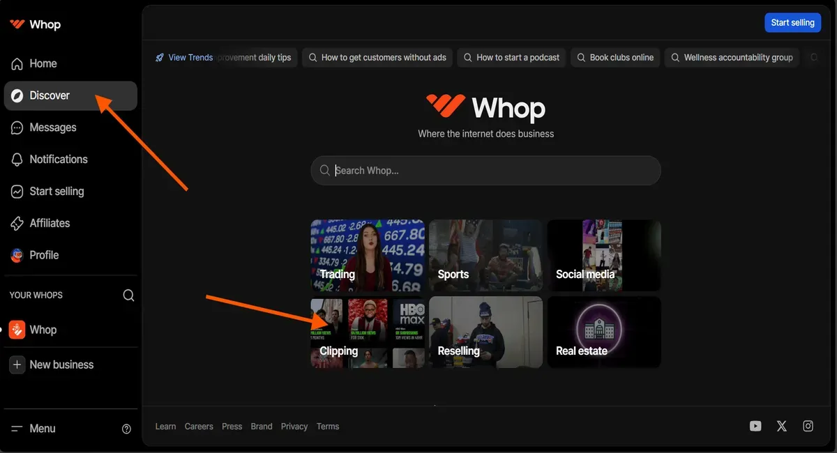 Whop Discover page showing clipping category highlighted.