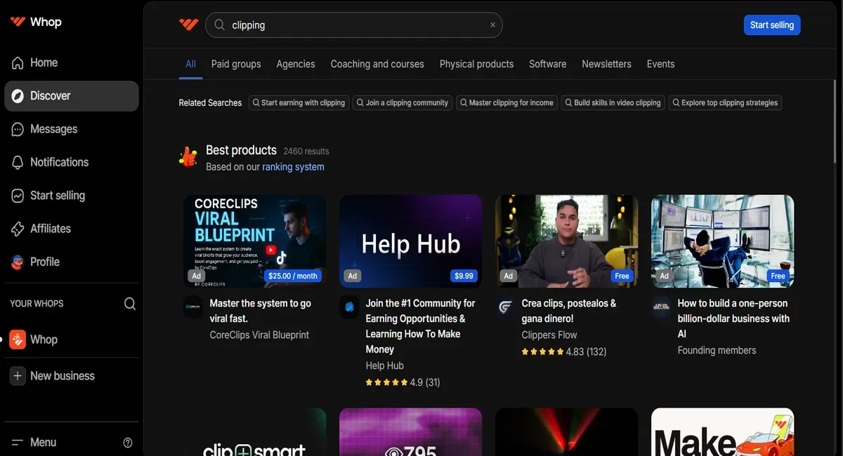 Whop search results page for clipping-related products.