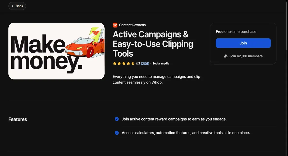 Whop campaign page showing active clipping tools.