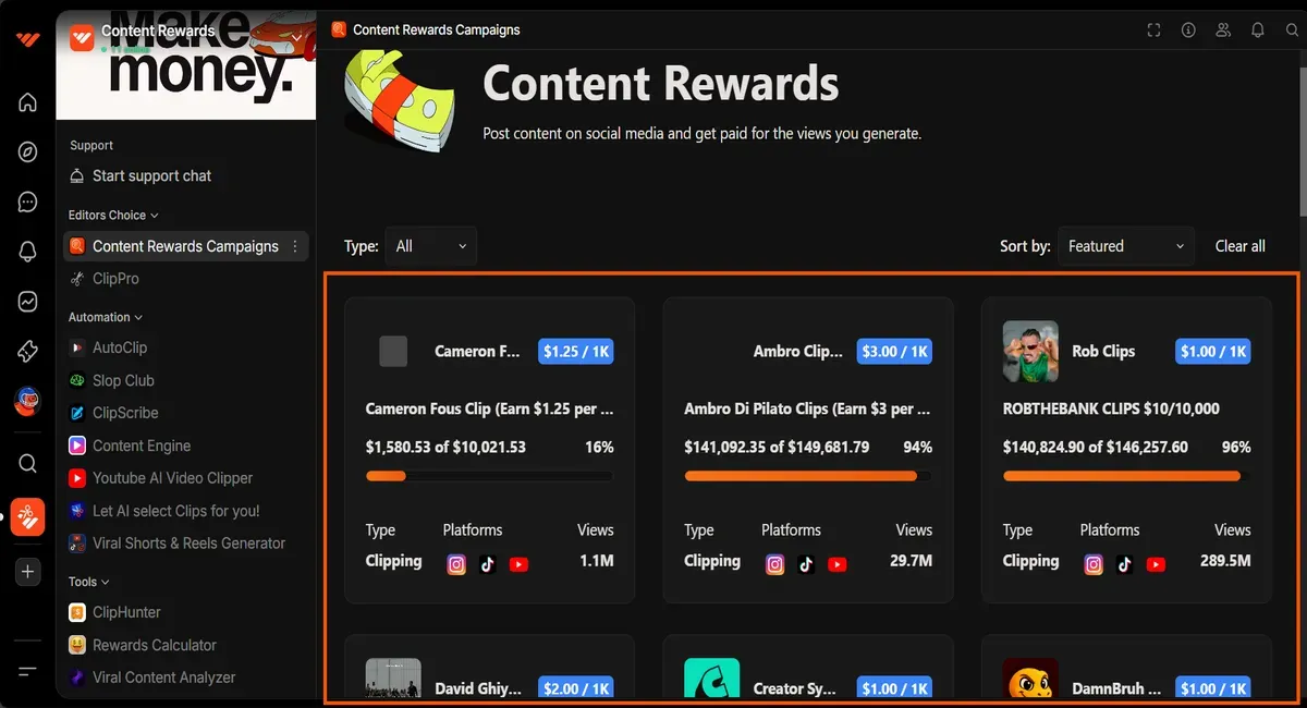 Whop content rewards dashboard showing clipping earnings.