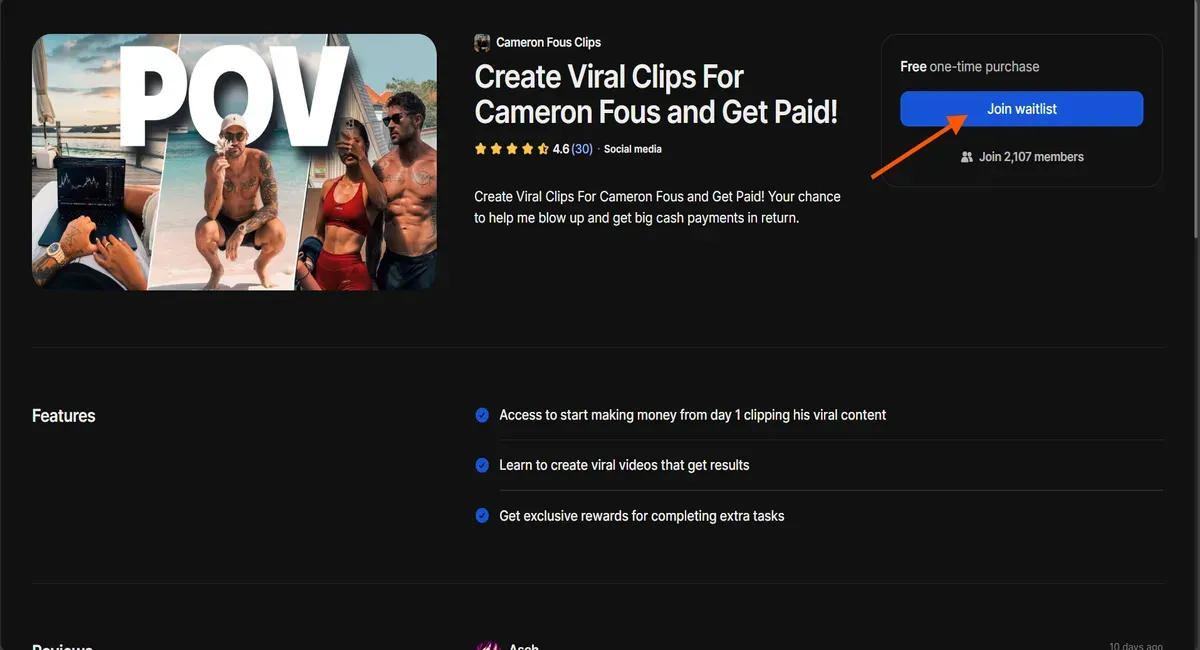 Whop campaign for creating viral clips with Cameron Fous.
