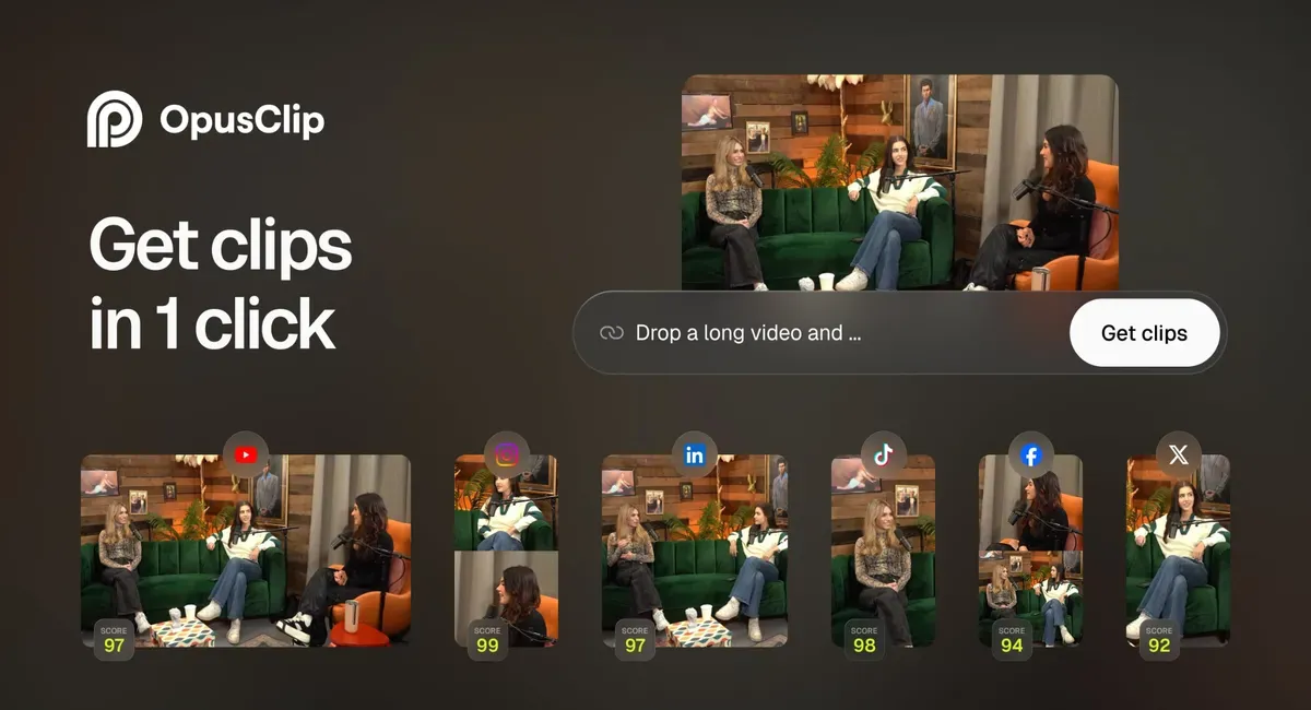 OpusClip homepage promoting one-click video clipping.