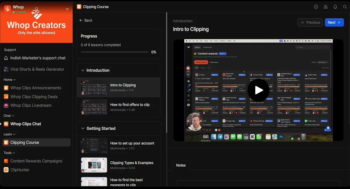 Whop Clipping Course dashboard showing lesson progress.