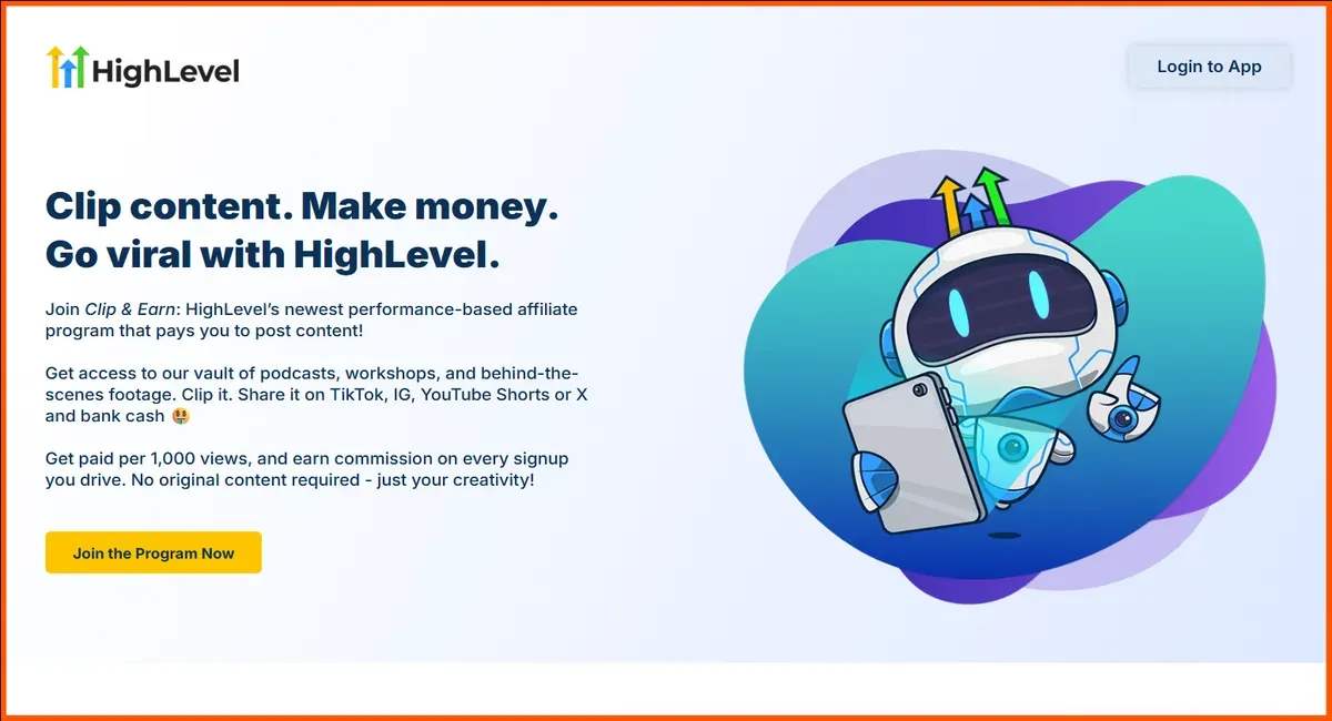 HighLevel Clip and Earn program page with robot illustration.