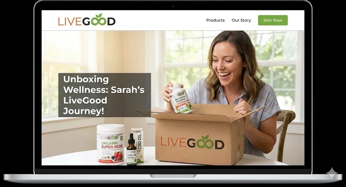 A smiling woman opens a LiveGood package with supplements displayed on a table.