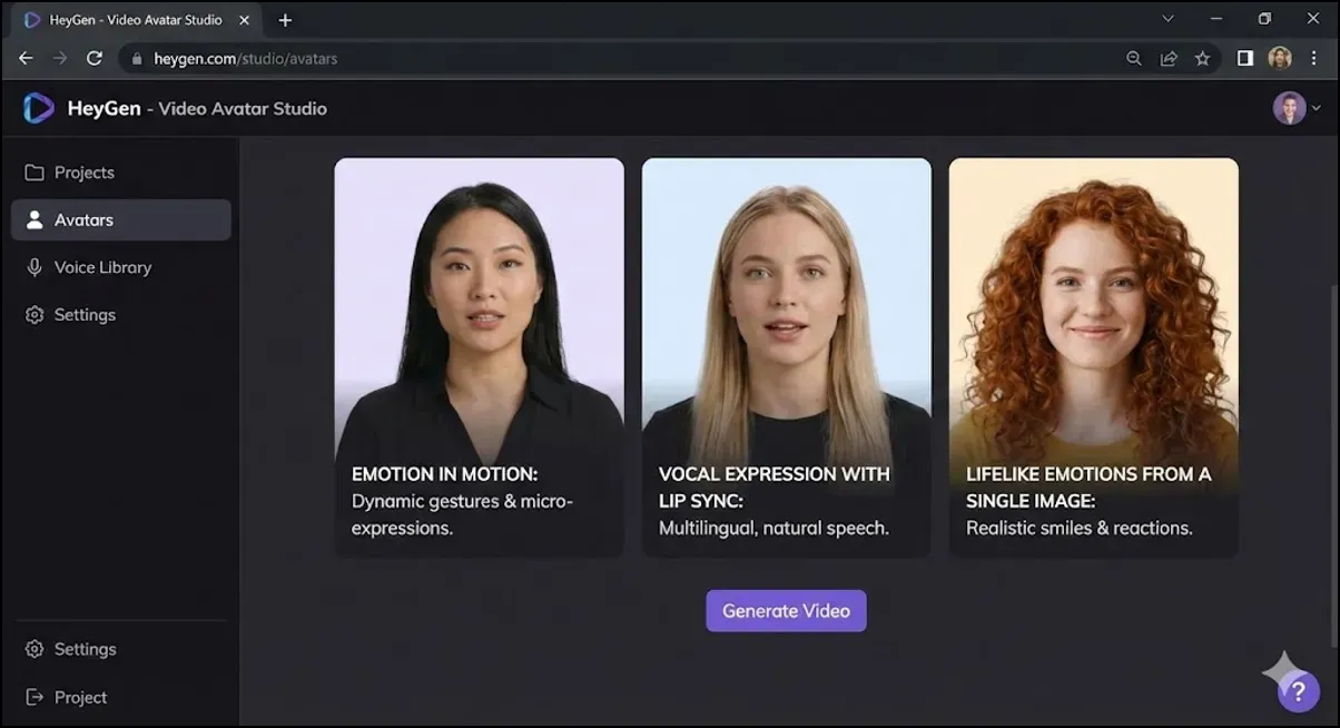 Screenshot of HeyGen’s video avatar studio showing three avatars with descriptions of emotion in motion, lip-sync vocal expression, and lifelike emotions from a single image.