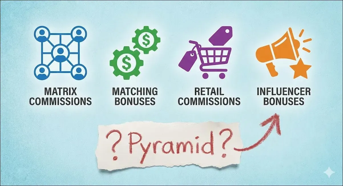 Icons displaying matrix commissions, matching bonuses, retail commissions, and influencer bonuses with a “Pyramid?” question.