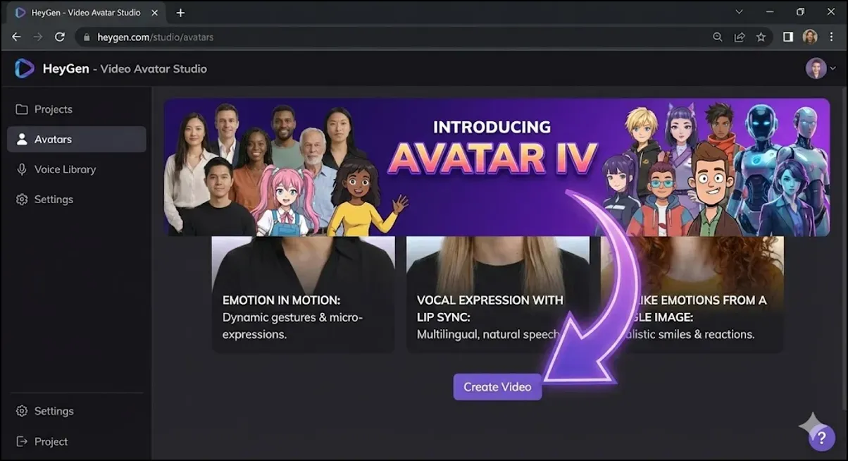Screenshot of HeyGen interface with a promotional banner introducing Avatar IV featuring diverse realistic and cartoon avatars and a button labeled ‘Create Video.
