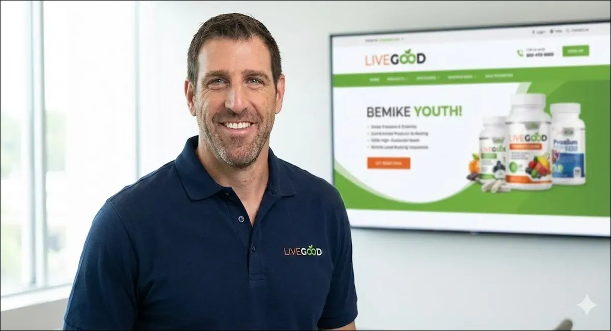 A man wearing a LiveGood polo stands in front of a screen showing LiveGood product graphics.