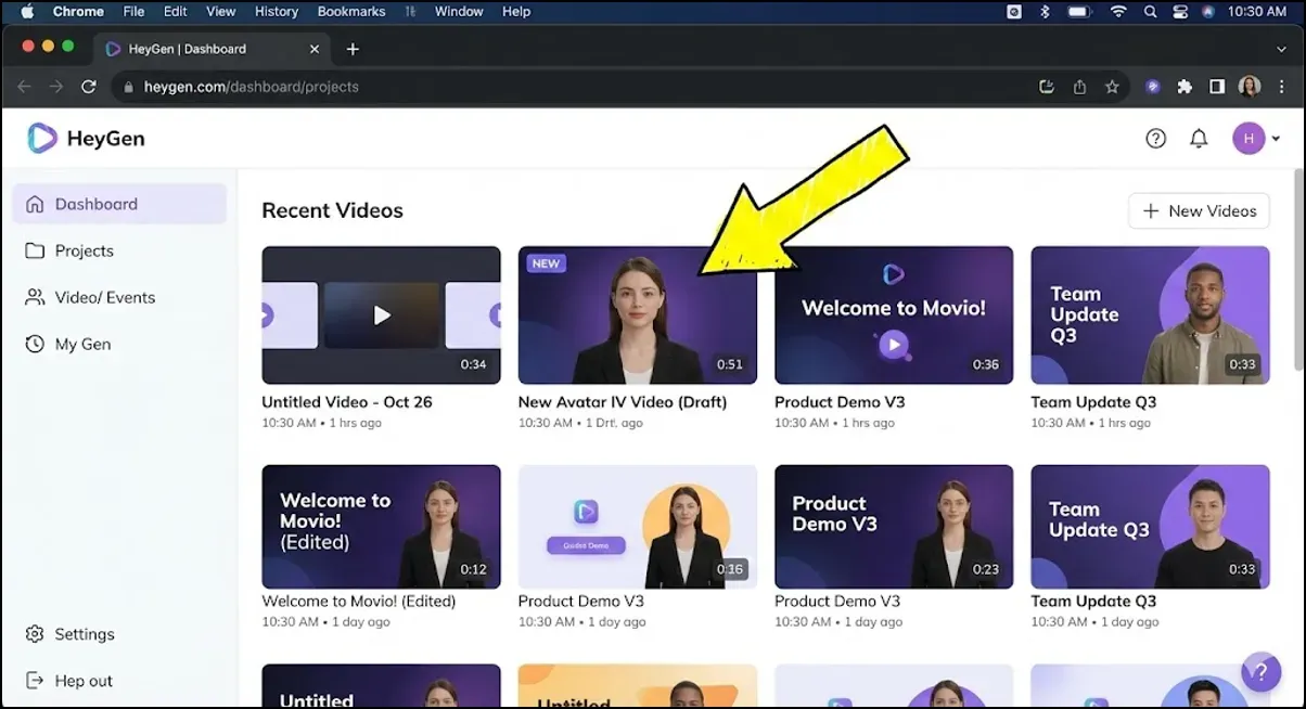 HeyGen dashboard showing a grid of recent video projects, including a highlighted new Avatar IV draft video and thumbnails of other demo and update videos.