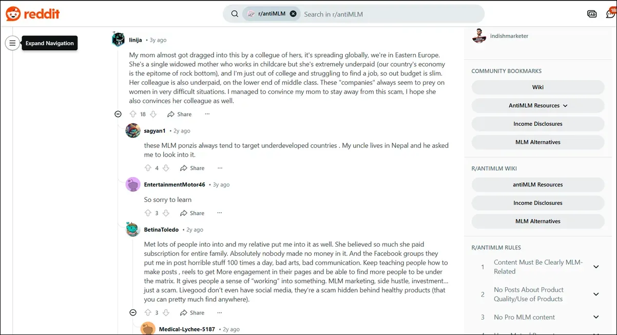 A thread of Reddit comments discussing experiences with MLM schemes, including LiveGood.
