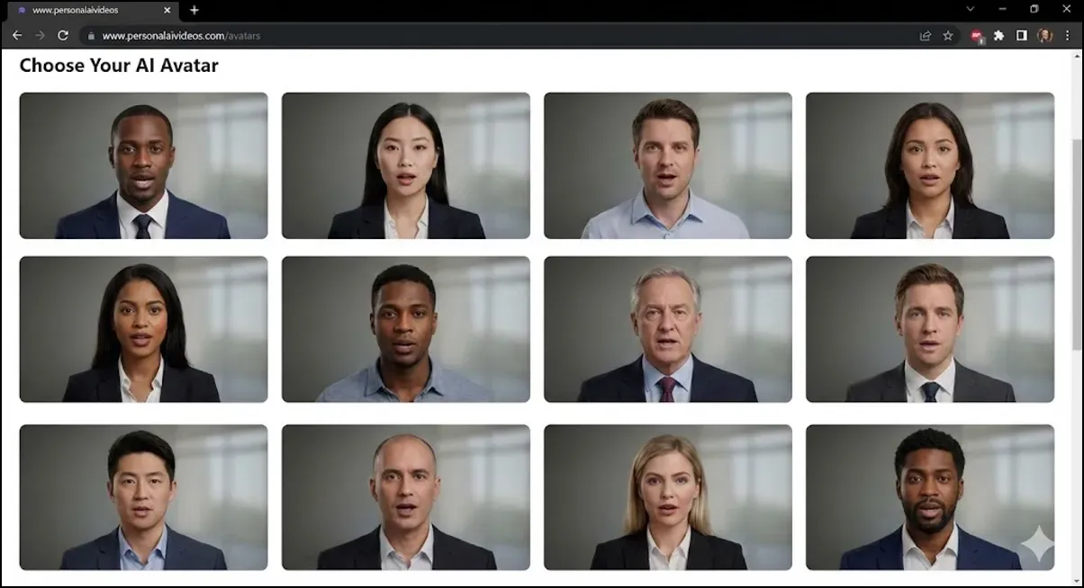Grid of twelve professional-looking AI avatar headshots from PersonalAIVideos.com, each wearing business attire and facing forward.