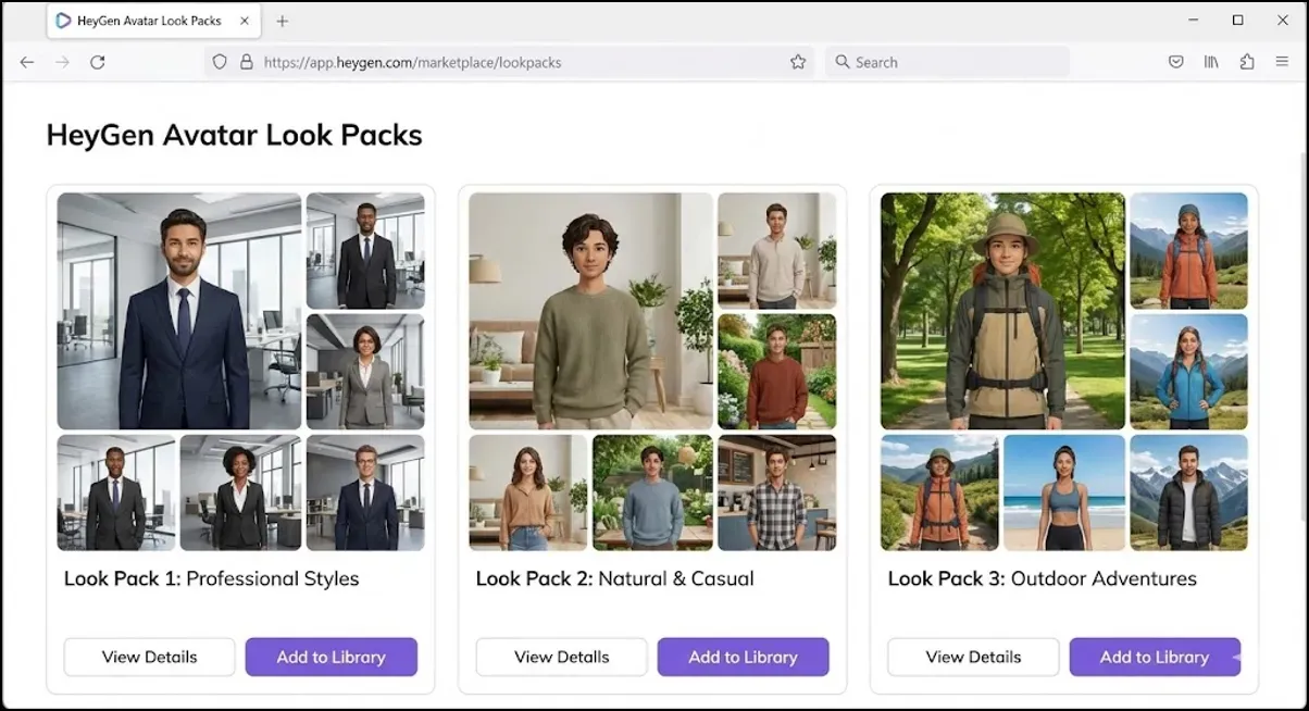 Showcase of HeyGen Avatar Look Packs including Professional Styles, Natural & Casual, and Outdoor Adventures, each displayed with sample avatar images