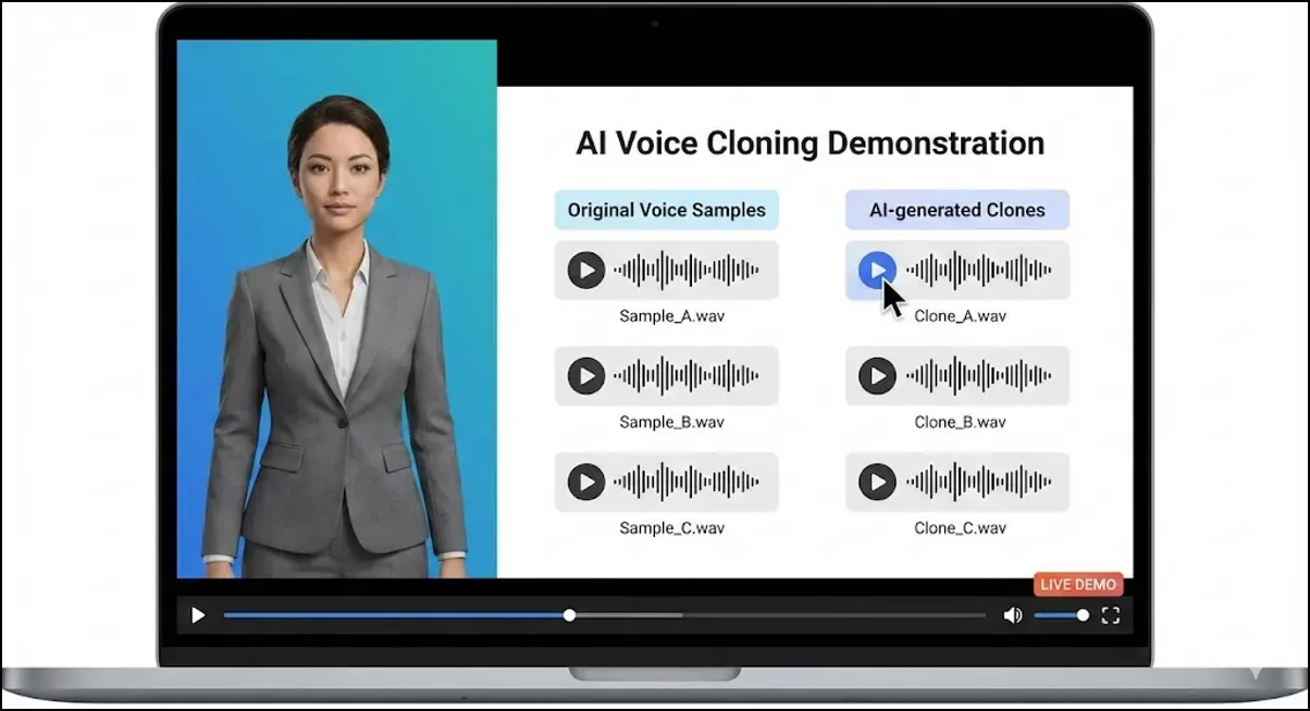 Laptop screen showing AI voice cloning demo with an avatar on the left and lists of original voice samples and AI-generated clone audio files.