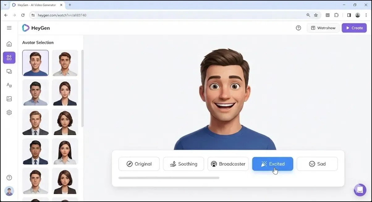 HeyGen interface showing a cartoon-style avatar with selectable emotional styles such as Original, Soothing, Broadcaster, Excited, and Sad.