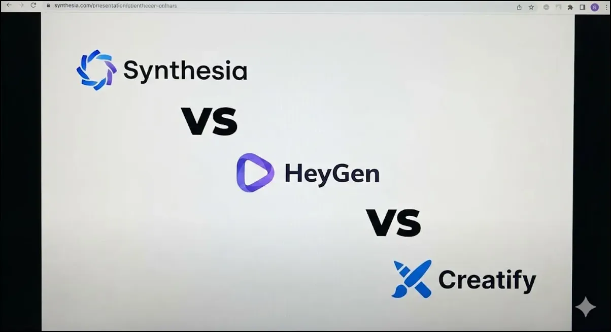 Minimalist comparison slide with the logos of Synthesia, HeyGen, and Creatify arranged around the word ‘VS.