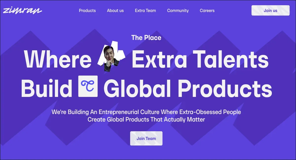 Zimran company landing page with bold headline about building global products.