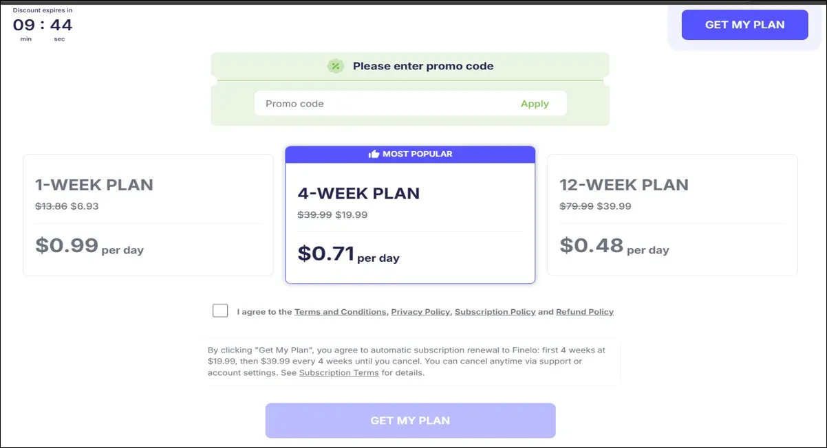 Finelo pricing page with weekly, 4-week, and 12-week subscription options.